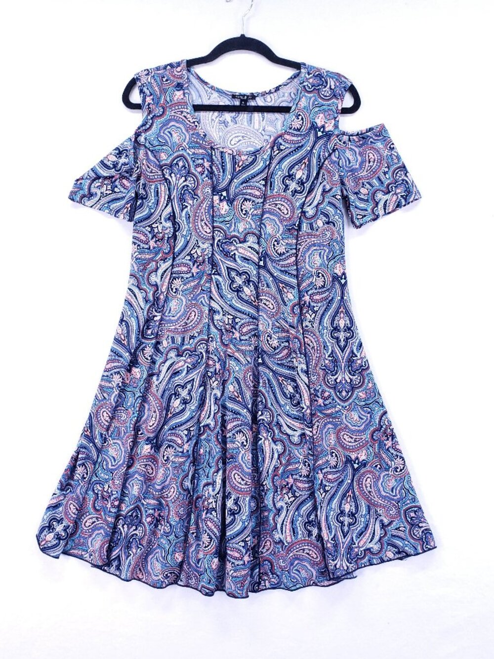 Sami Jo Mini Dress Women Size PL Paisley Pleated Cut Out Shoulders Boho Stretchy